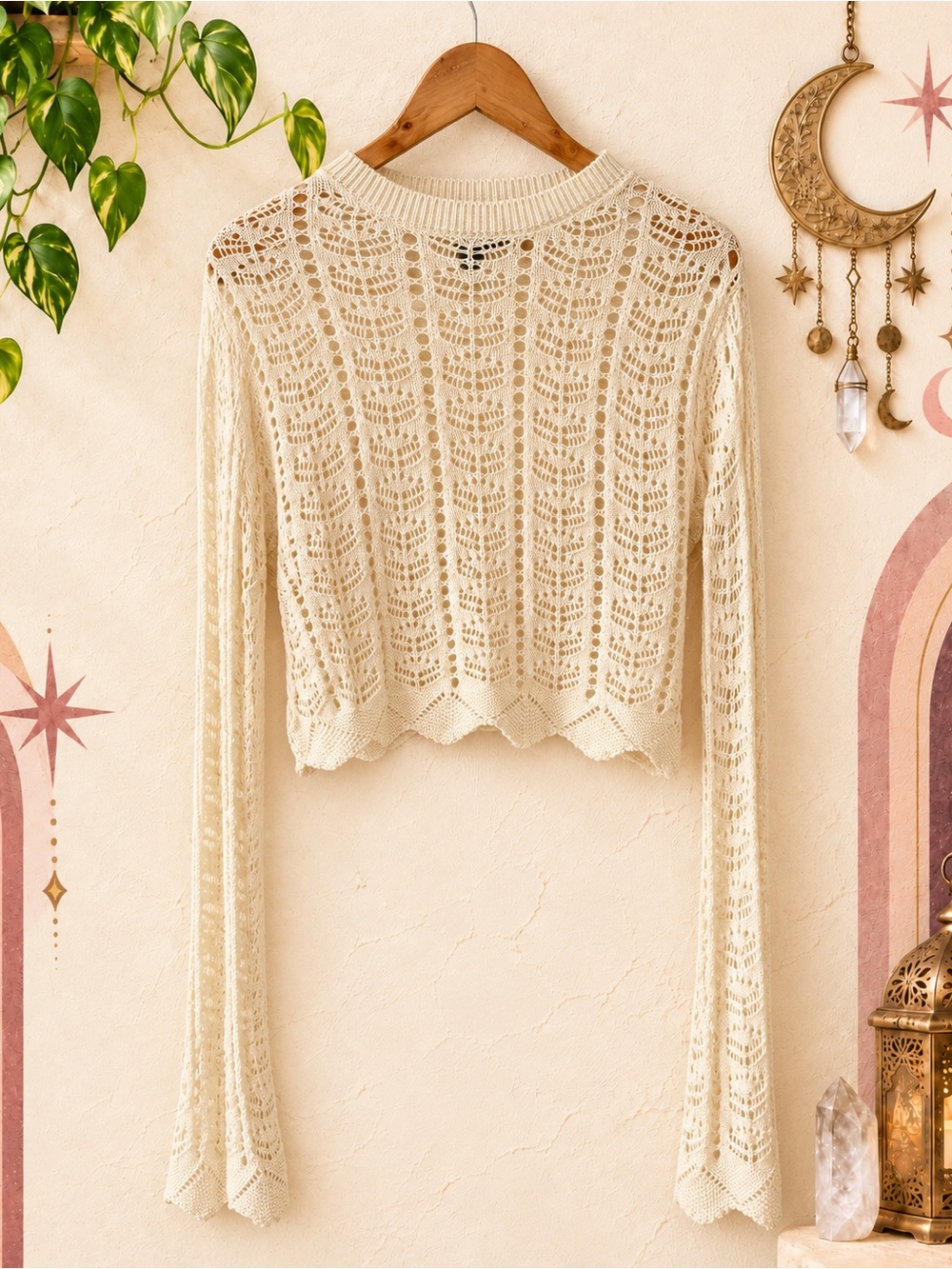 Forever 21 Cream Crochet Crop Sweater L